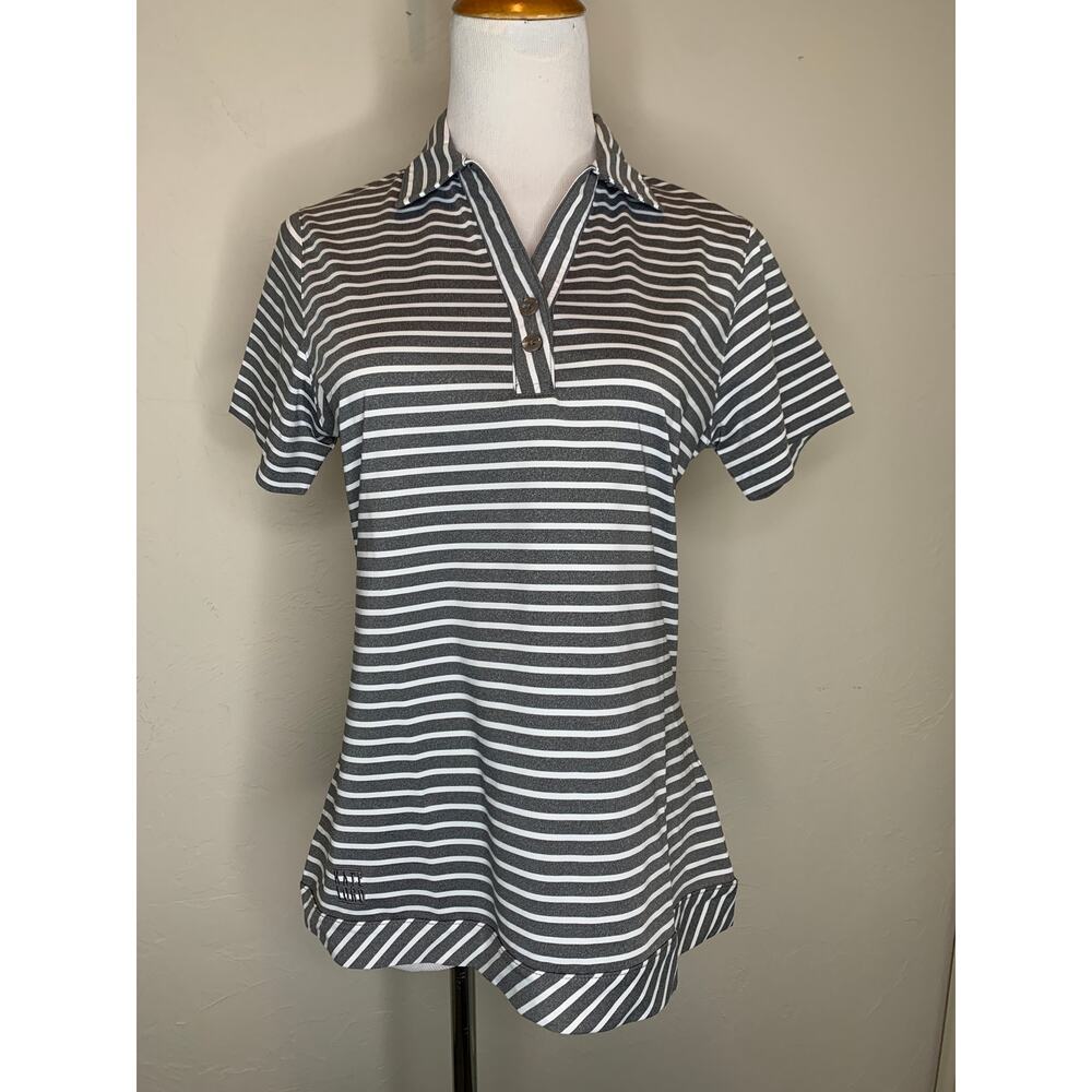 Kate Lord Gray White Striped Polo Shirt Sz Small